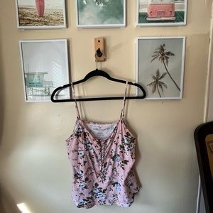 American Eagle XXL pink floral peplum lace-up tank